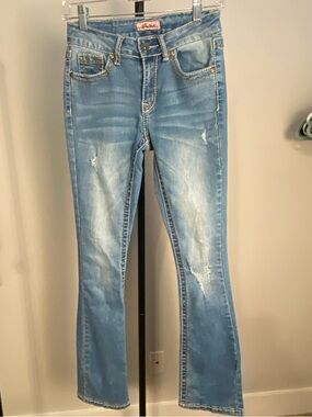 True Luck Light Wash Boot Flare Leg Thick Stitch Embroidered Jeans Size 5/6